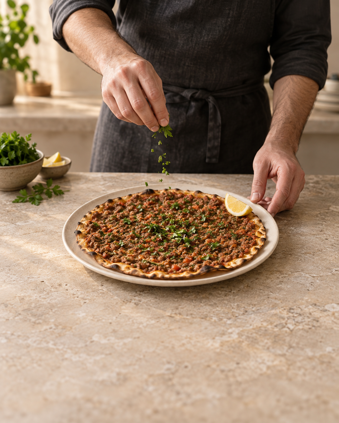 Tres tacos con carne y verduras sobre una tabla en la cocina de Dede